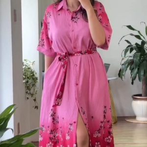 Soft Cotton Belted Dress with Pockets (Pink)