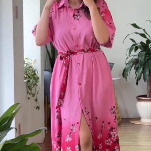 Soft Cotton Belted Dress with Pockets (Pink)
