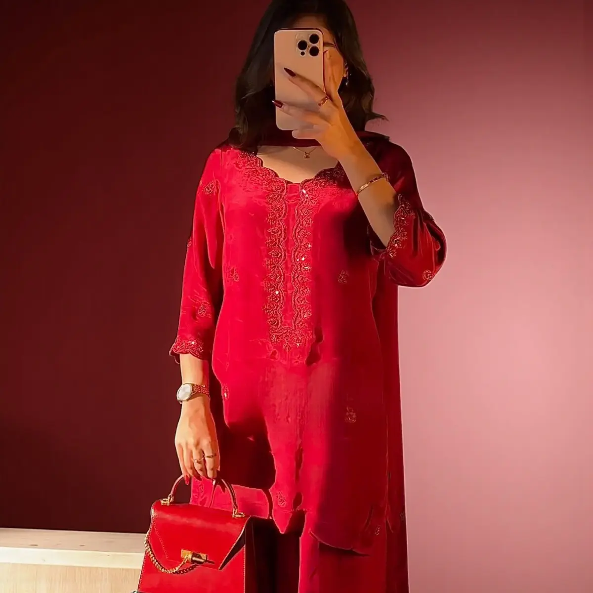 Pure Chinon Silk 3 Piece Kurti Set Farsi salwar look