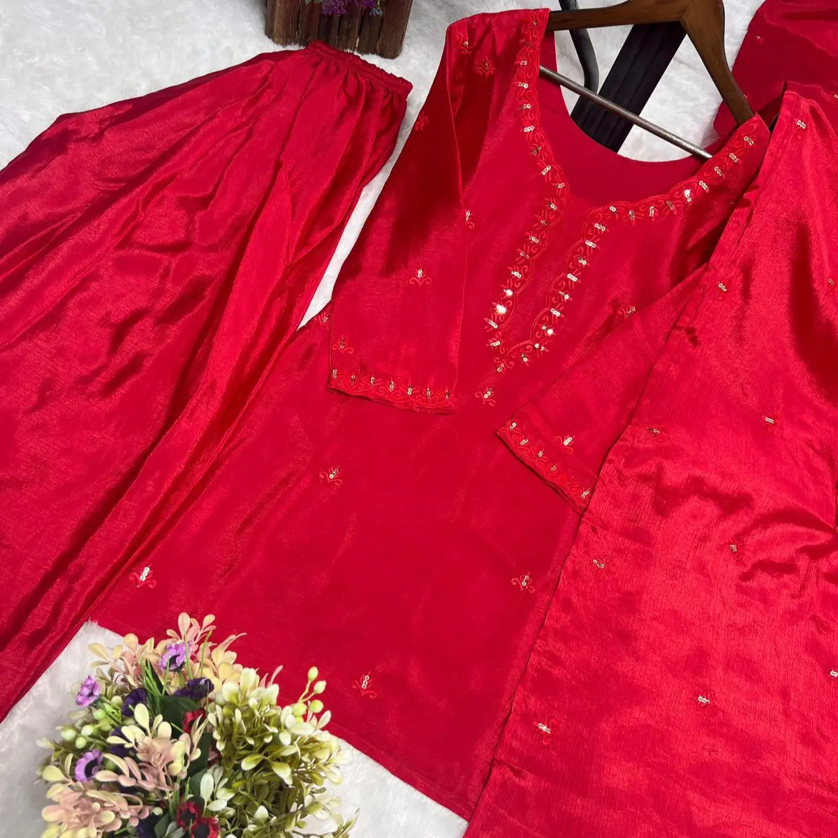 Pure Chinon Silk 3 Piece Kurti Set fabric close up