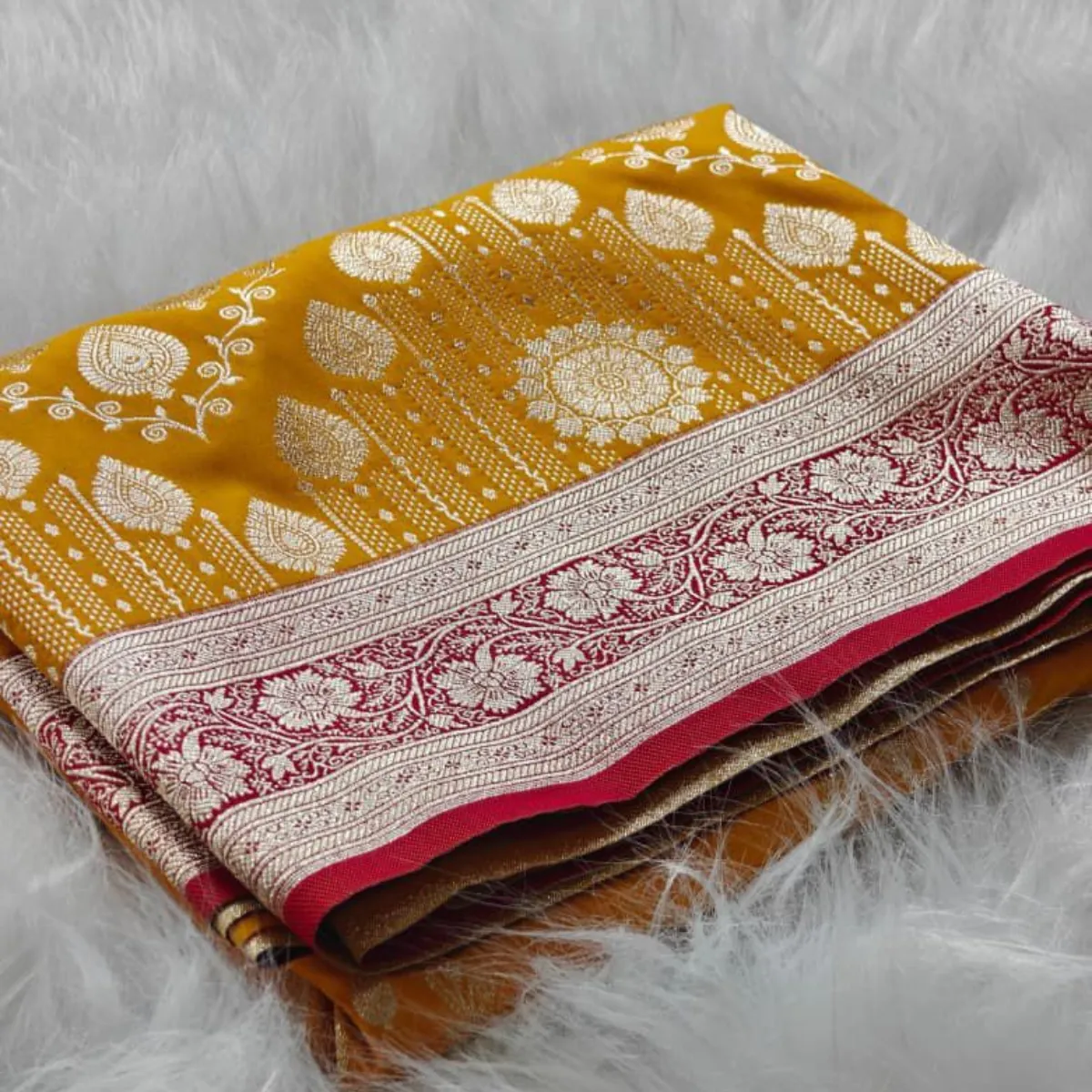 Kanak Banarasi Semi Satin Silk Saree weaving texture closeup