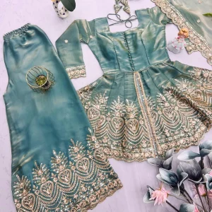 Designer Party Wear Look Collection Gown Sharara Dupatta mirror work closeup