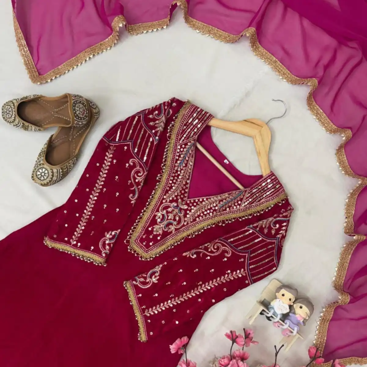 Designer Velvet Suit Set handwork lace finishing detail