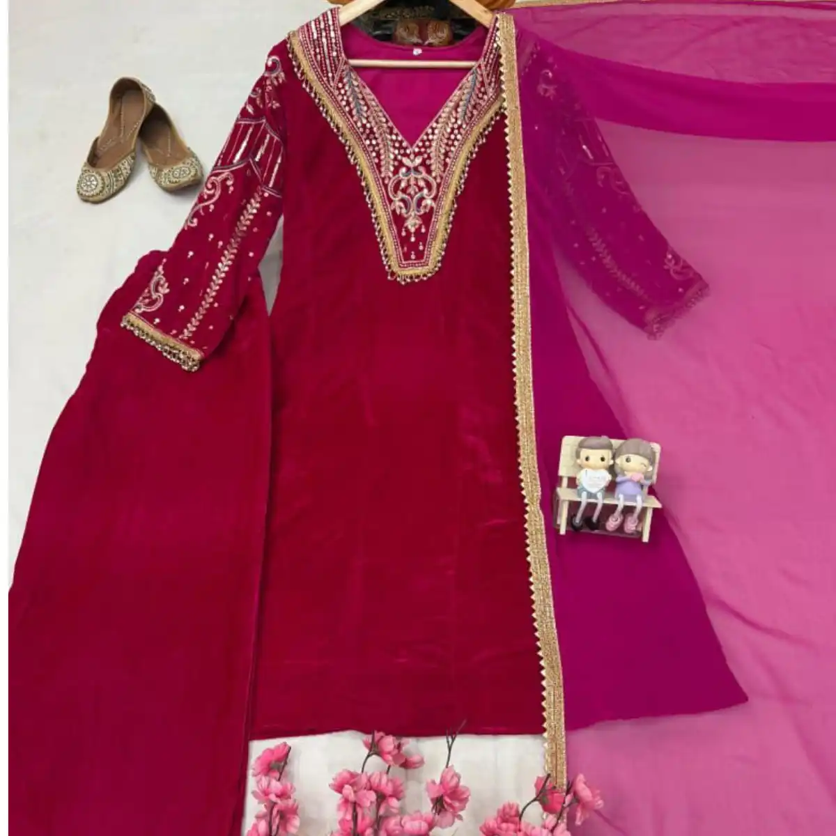 Designer Velvet Suit Set 5mm sequin zari embroidery close up