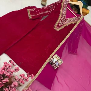 Alt Text: Designer Velvet Suit Set full front look kurti pant dupatta Title: