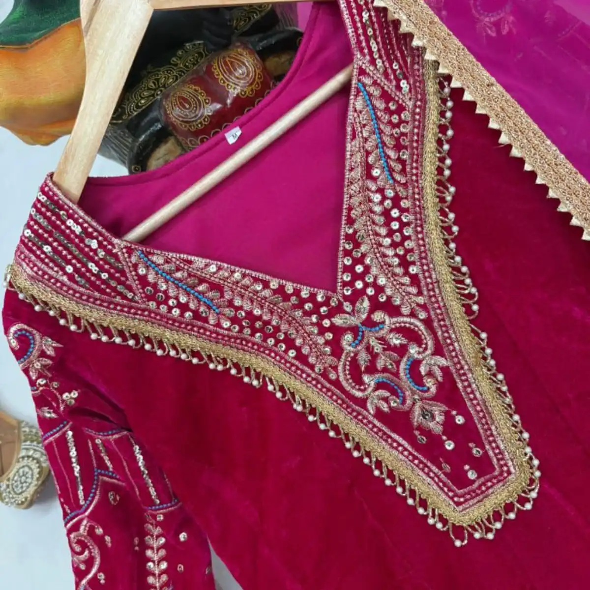 Designer Velvet Suit Set full front view kurti pant dupatta