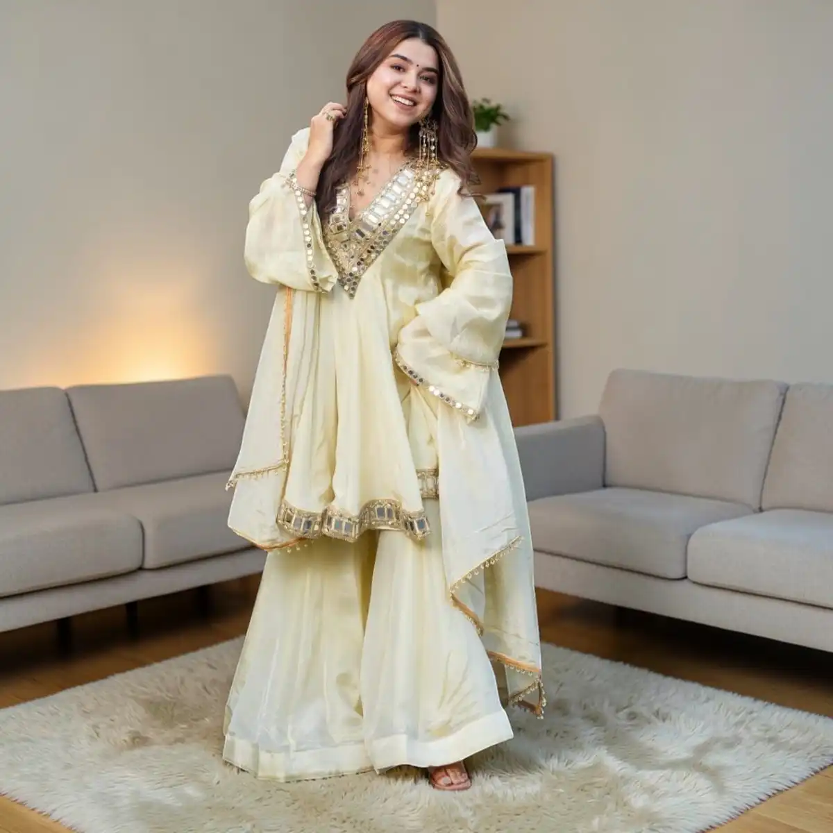 Alt Text: AliyaCut Mirror Work Plazzo Set full front look top plazzo dupatta Title: