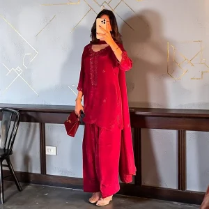 Pure Chinon Silk 3 Piece Kurti Set front view